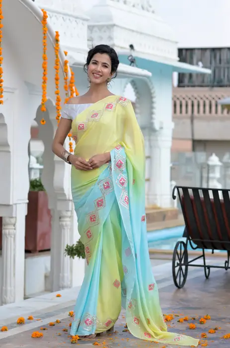 YELLOW AND BLUE SAREE